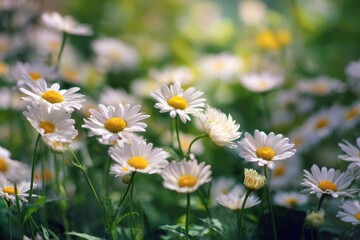 Fototapeta premium Blooming daisies fill a sunlit garden with vibrant colors and fresh scents, inviting visitors to enjoy nature's beauty during a tranquil afternoon
