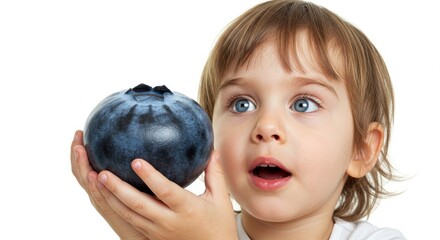 Fototapeta premium Toddler's Amazement Giant Blueberry - A young child displays pure wonder while holding an oversized blueberry. Symbolizing: childhood innocence, healthy eating, surprise, giant fruit, and simple joys