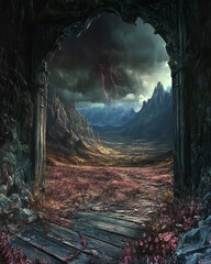 Dramatic Mountain Landscape through Archway with Stormy Sky and Lightning