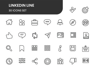 LinkedIn all UI icons set vector black line. social media icons home, my network, jobs, message, event, like, comment, send, etc...Linkedin Ui app interface icon. Linkedin all design elements vector.