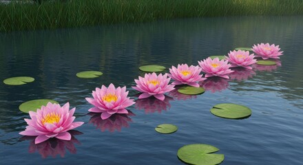 Pink water lilies float on a pond with green lily pads.