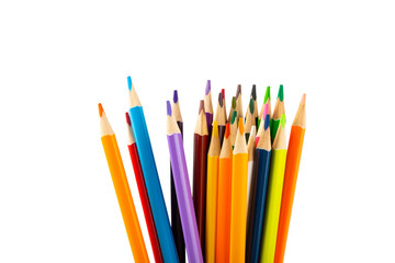 Colored pencils isolated on white background. Equipment for coloring. Stationery for...