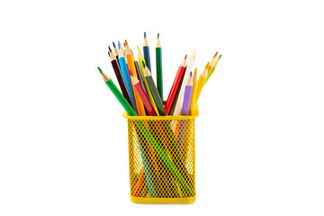 Colored pencils isolated on white background. Equipment for coloring. Stationery for...