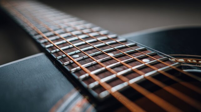 Close-up acoustic guitar fretboard