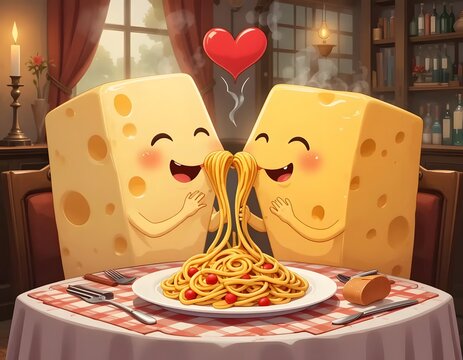 Adorable Cheese Blocks Enjoying a Romantic Spaghetti Dinner Date Night - Powered by Adobe