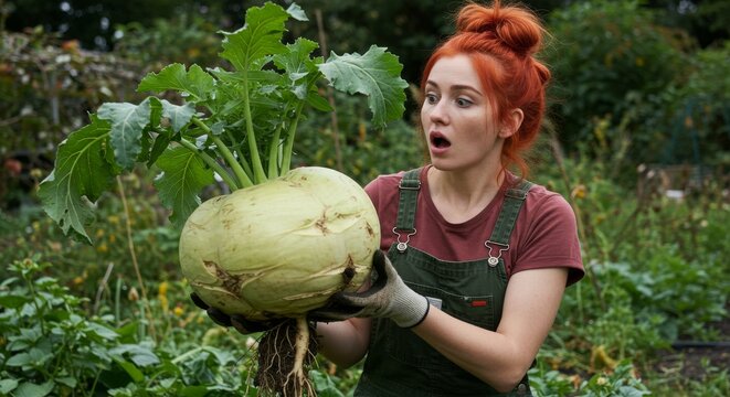 Woman Amazed by Giant Turnip Harvest - A young woman stares in astonishment at an enormous turnip she has just pulled from the ground.