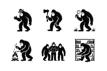 Fototapeta premium Bigfoot illustrations with axe magnifying glass campfire books and hat sasquatch yeti