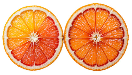 Two vibrant blood orange halves showcase citrus fruit texture and juicy segments, a healthy food choice isolated on transparent background