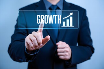 Business professional touching a digital screen displaying the word growth and an upward trending bar chart indicating success