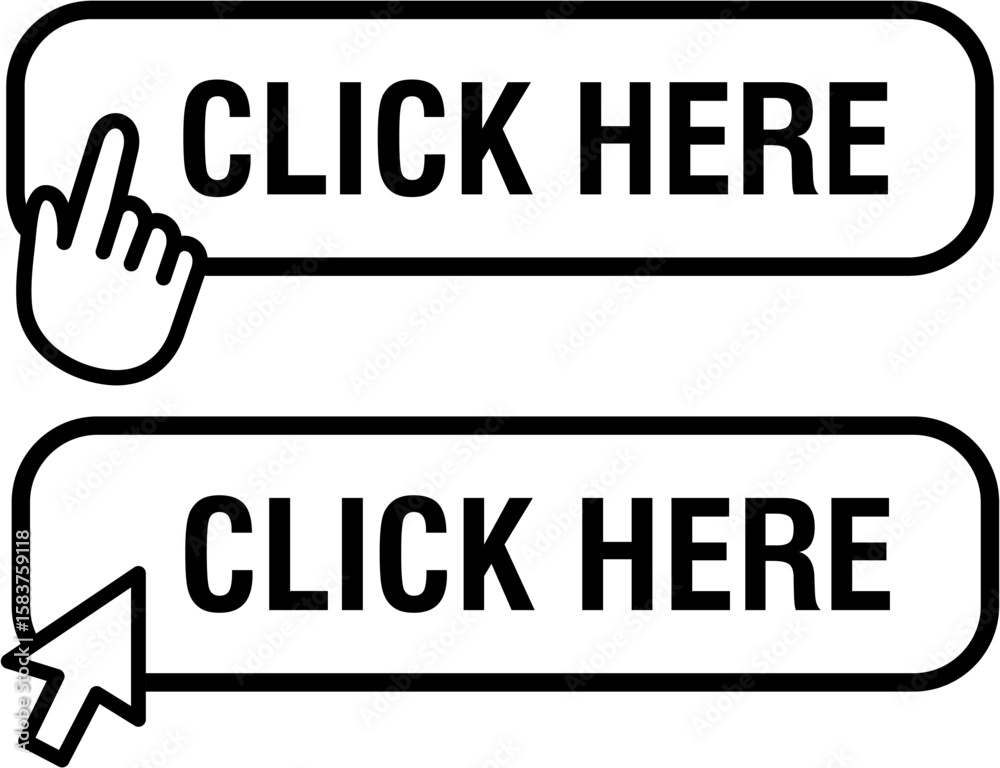 Poster click here button set with hand pointer icon. web banner elements with clicking gesture for website 