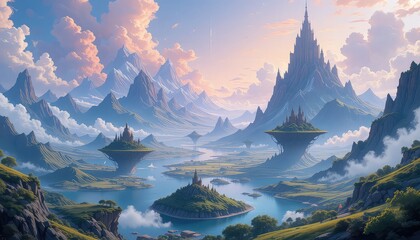 Fantasy Mountains, Floating Islands, and a Magical Sky in a Surreal Dreamy Landscape - AI Illustration