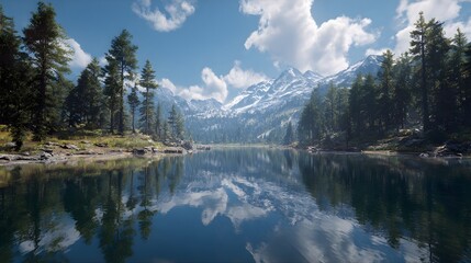 Naklejka premium Peaceful mountain lake surrounded pine forest snowy peak perfectly still water reflecting clouds photo realistic landscape rich textures natural shadows wide angle shot clear blue sky scattered clouds