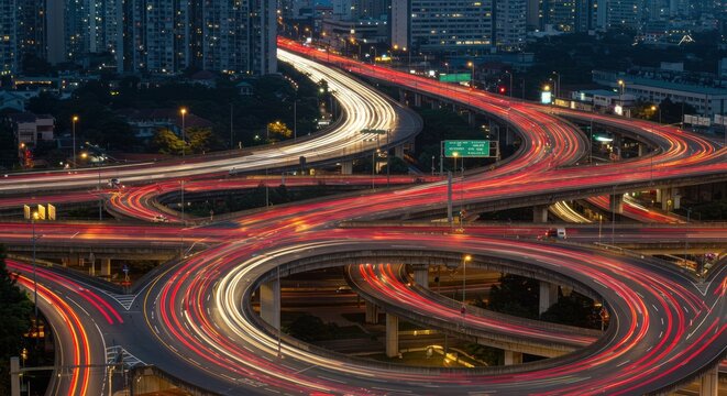 Nighttime view of a complex highway interchange with light trails from vehicles. - Powered by Adobe