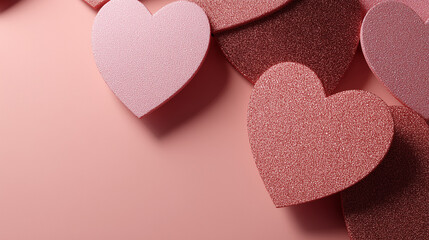 Fototapeta premium Glittery hearts delicately arranged on a pink background create a dreamy, contemporary flat lay — ideal for romantic campaigns or greeting visuals.