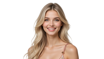 Smiling blonde woman portrait, showcasing beauty, charm, and radiant skin tone, perfect for lifestyle ads isolated on transparent background