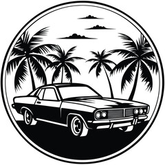 Vector art of classic car with palm trees on a tropical beach