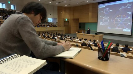 Lecture hall scene: Student takes notes as professor teaches math on screen, college education concept. Use for eLearning platforms, academic course, university promotion, educational institution.  - Powered by Adobe