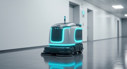 Autonomous robot cleaner in a modern corridor with elevators and bright lighting.
