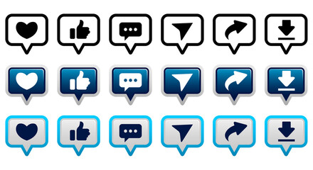 bubble speech shape Thumb up, share, like, comment, heart, repost icons, download, isolated, vector social media icons. Buttons of social notification. Vector illustration stock illustration
