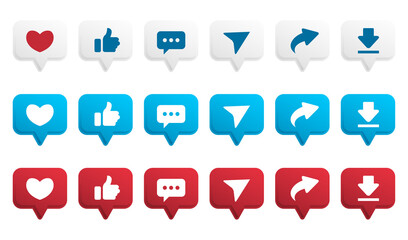 bubble speech shape Thumb up, share, like, comment, heart, repost icons, download, isolated, vector social media icons. Buttons of social notification. Vector illustration stock illustration png