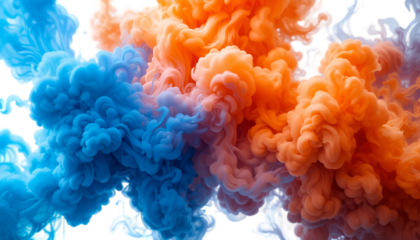 Abstract clouds of vibrant blue and orange ink swirl together in a dynamic, colorful fusion isolated on transparent background