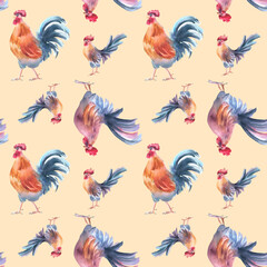 Charming seamless pattern with cockerels in red and blue watercolor isolated on beige. Country bird illustration on repeat background hand drawn for rustic wall decor, wrapping paper, and textile.