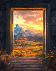 Magical Gateway to Mountain Scenery: Dreamy Landscape and Open Doorway