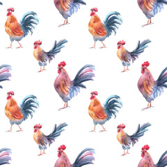 Rustic rooster sketch seamless pattern in bright watercolor tones isolated. Countryside birds hand painted repeat background for textile cockerel style, eco branding and cozy kitchen decor, wallpaper.