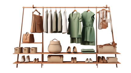 Wardrobe with hanging clothes bags shoes and accessories on a wooden rack