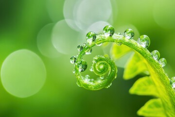 Delicate fern frond with dew droplets captured in a lush green setting during early morning
