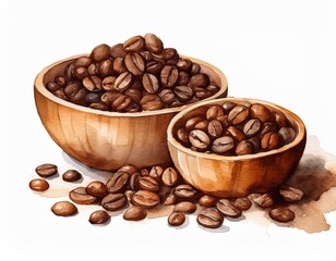 Fototapeta premium hand painted watercolor coffee beans in wooden bowls isolated on white background