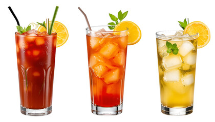 Three refreshing cocktails with ice, orange slices, and mint leaves, perfect for summer refreshment isolated on transparent background