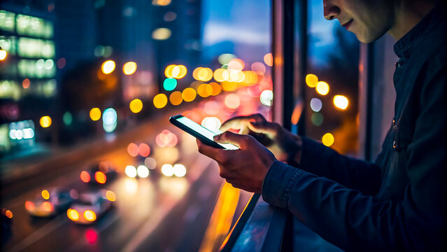 Man using smartphone at night with blurred city lights and traffic bokeh background