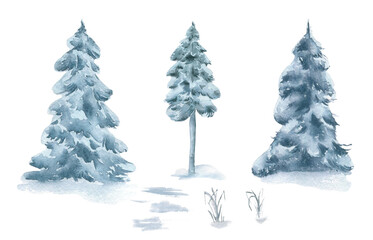 Watercolor winter forest trees clipart isolated. Christmas trees in soft monochrome tones hand drawn. Pine trees in pale fog colors. Spruce under snow sketch for holiday invitations, festive designs.