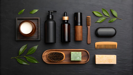 Men's Grooming Kit Flat Lay with Black Bottles Wooden Combs and Greenery