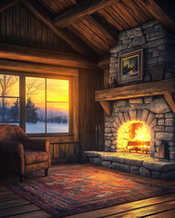 Cozy Cabin Interior with Fireplace and Sunset View, Winter Retreat