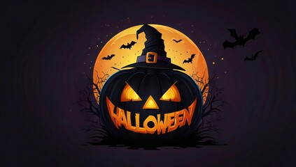 Halloween jack o lantern with witch hat and bats
