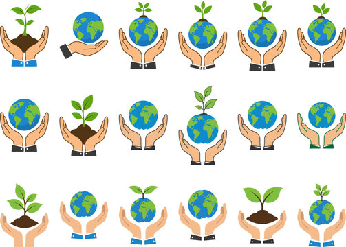Hands Holding Earth, Globe, and Plants: Environmental Protection, Sustainability, and Growth Vector Icons Set