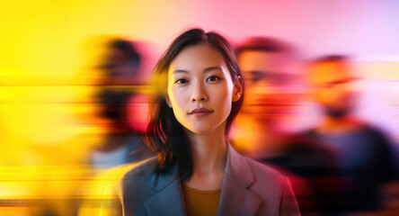 Confident Asian female leader in suit standing out from moving crowd in dynamic pink and yellow orange tones