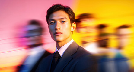 Strong corporate Asian businessman in spotlight with motion trail team behind in colorful pink and yellow orange dramatic lighting