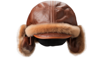 A close up of a brown leather trapper hat with fur ear flaps and a visor