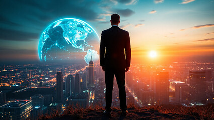 Man Contemplating Digital Future with Glowing Sphere and Data Streams