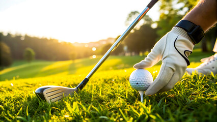 Golfer placing ball on tee with club and green grass at sunset