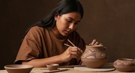 Young Woman Creating Handcrafted Clay Pottery in Studio with Focused Expression