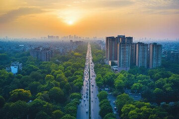 Obraz premium Aerial view of a busy city road lined with lush trees during sunset in a metropolitan area