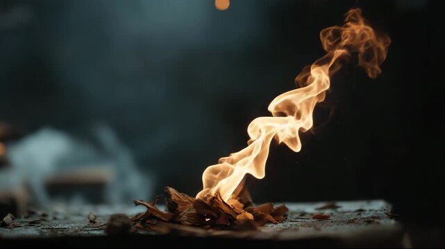 Flames dancing over burning wood creating a warm glow in darkness  