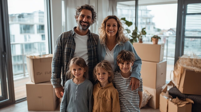 A happy family standing in the middle of their new apartment surrounded by moving boxes, parents smiling while kids explore, bright daylight coming through large windows. - Powered by Adobe
