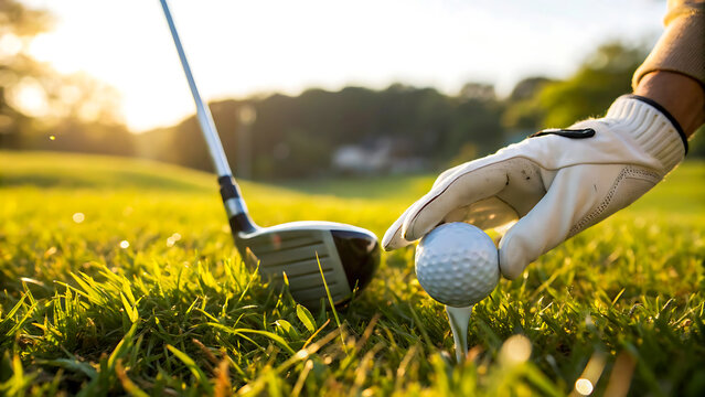 Golfer in white glove places ball on tee with driver ready for swing