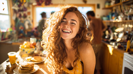 Obraz premium Laughing young woman with long red curly hair and freckles in bright cozy kitchen with pancakes and friends 