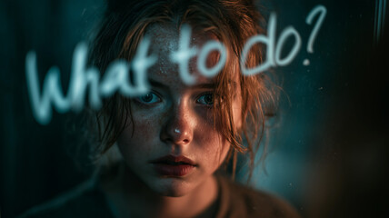 A person staring into a mirror with the words "What to do?" written in fog on the glass, low lighting and emotional expression conveying internal conflict, soft focus and cinematic tone